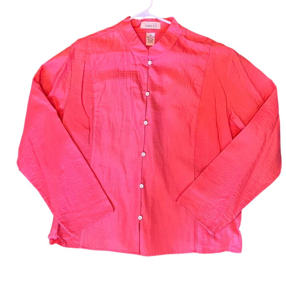 Vintage Linden Hill Pink Coral 100% silk Button‎ up shirt mandarin collar sz XXL